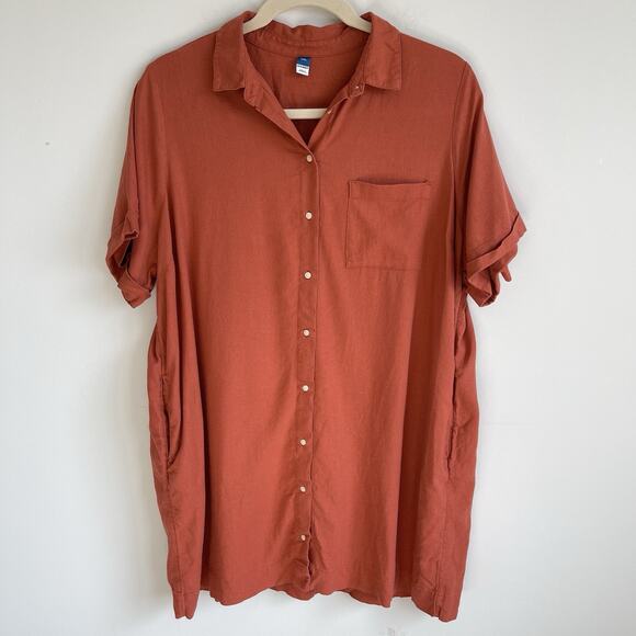 Old Navy XXL Linen Blend Button Front Casual Shirt Dress Pockets Rust 2XL - Picture 1 of 13